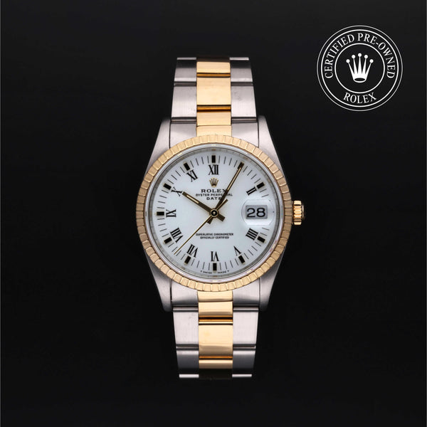 Rolex Certified Pre-Owned Oyster Perpetual in Oyster, 34 mm, Stainless Steel and yellow gold 15223 watch available at Long's Jewelers.