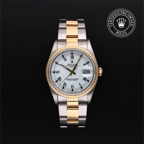 Rolex Certified Pre-Owned Oyster Perpetual in Oyster, 34 mm, Stainless Steel and yellow gold 15223 watch available at Long's Jewelers.