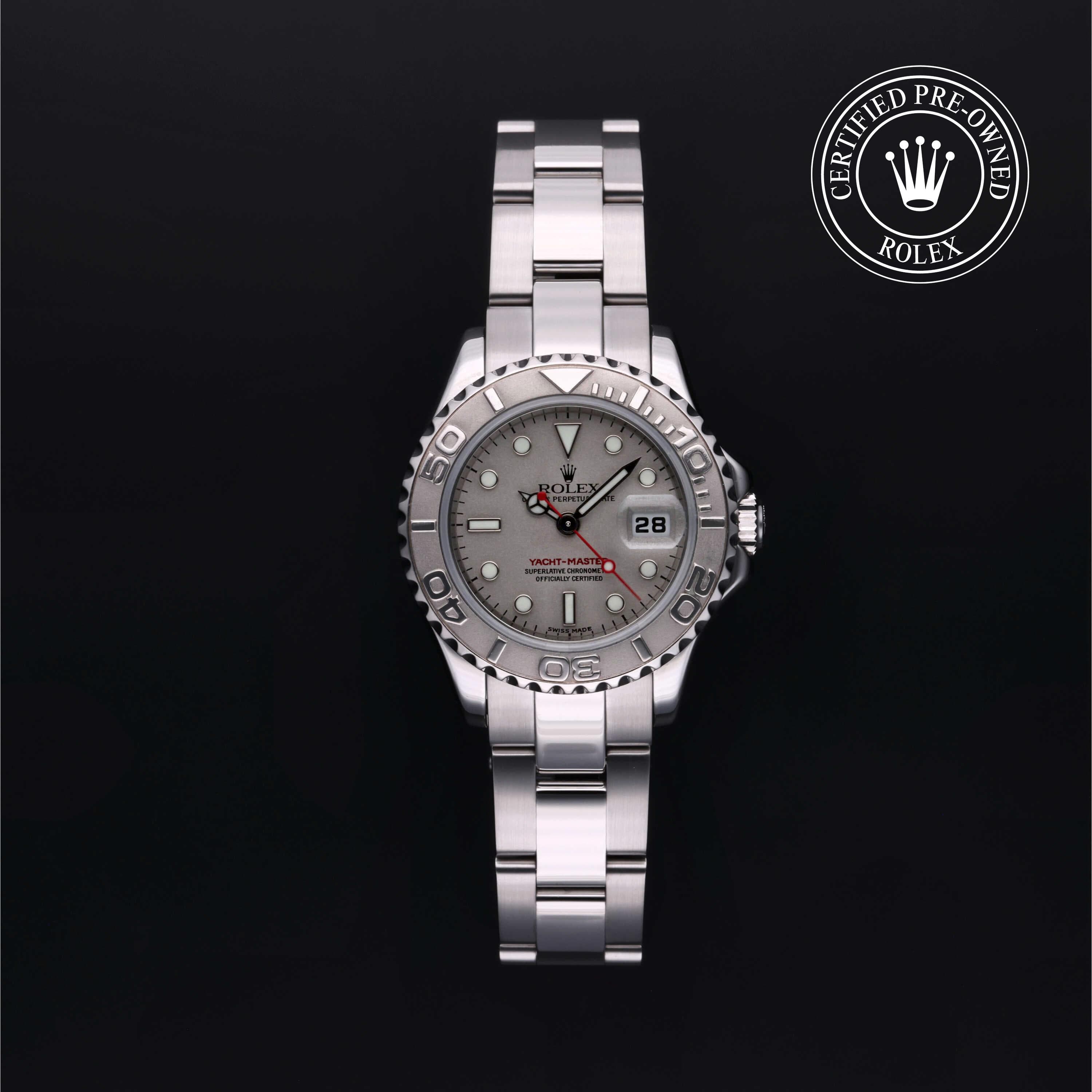 Rolex Certified Pre-Owned Yacht-Master in Oyster, 29 mm, Stainless Steel and platinum 169622 watch available at Long's Jewelers.