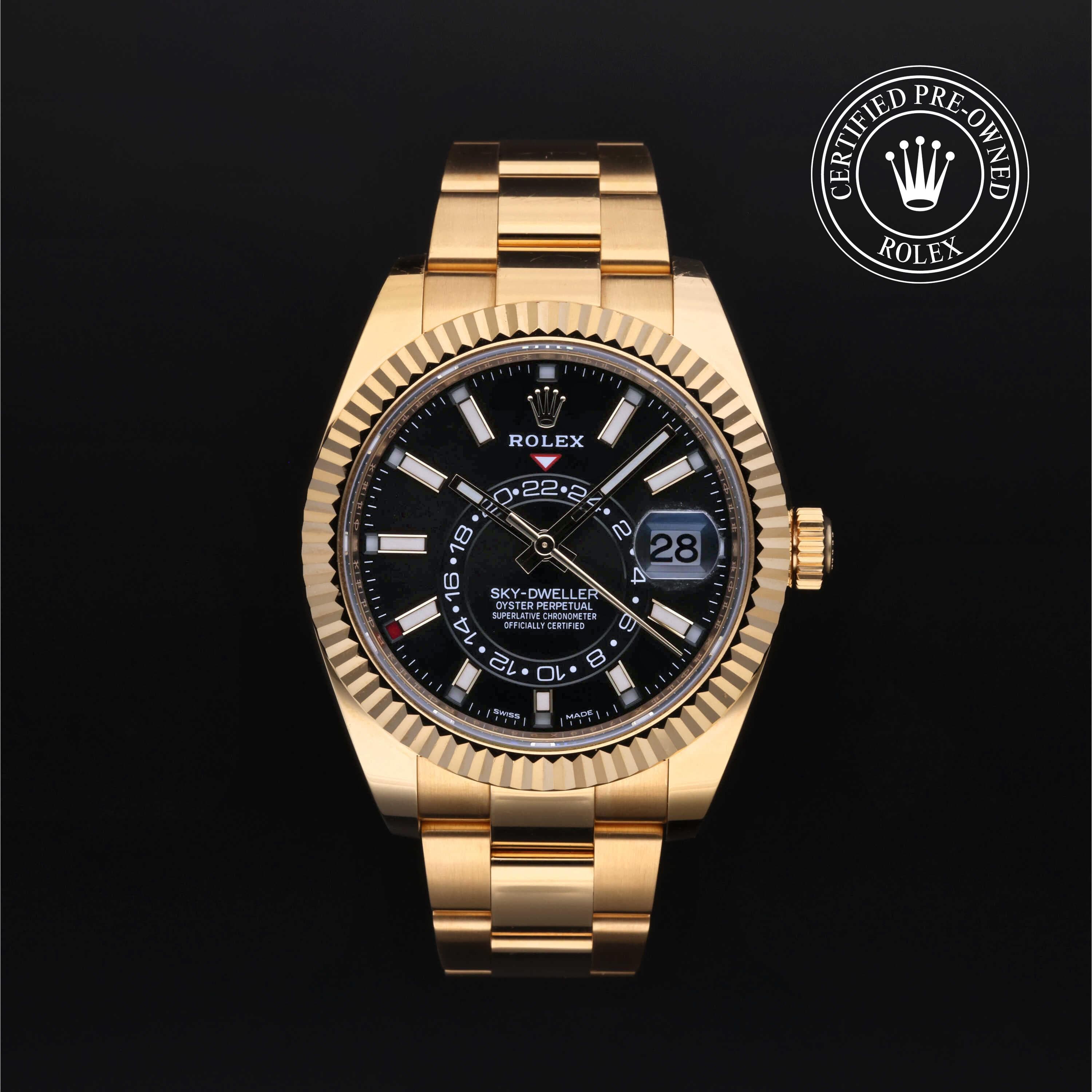 Rolex Certified Pre-Owned Sky-Dweller in Oyster, 42 mm, 18k yellow gold 326938 watch available at Long's Jewelers.