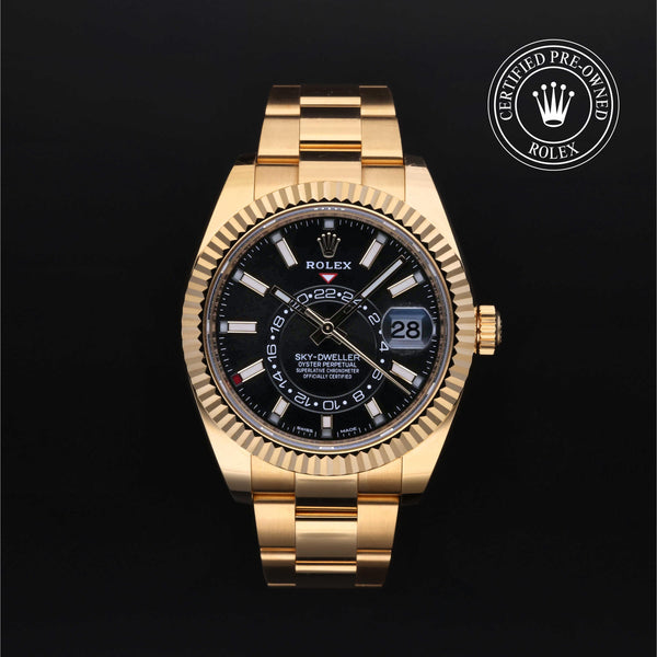 Rolex Certified Pre-Owned Sky-Dweller in Oyster, 42 mm, 18k yellow gold 326938 watch available at Long's Jewelers.