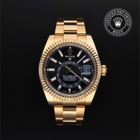 Rolex Certified Pre-Owned Sky-Dweller in Oyster, 42 mm, 18k yellow gold 326938 watch available at Long's Jewelers.