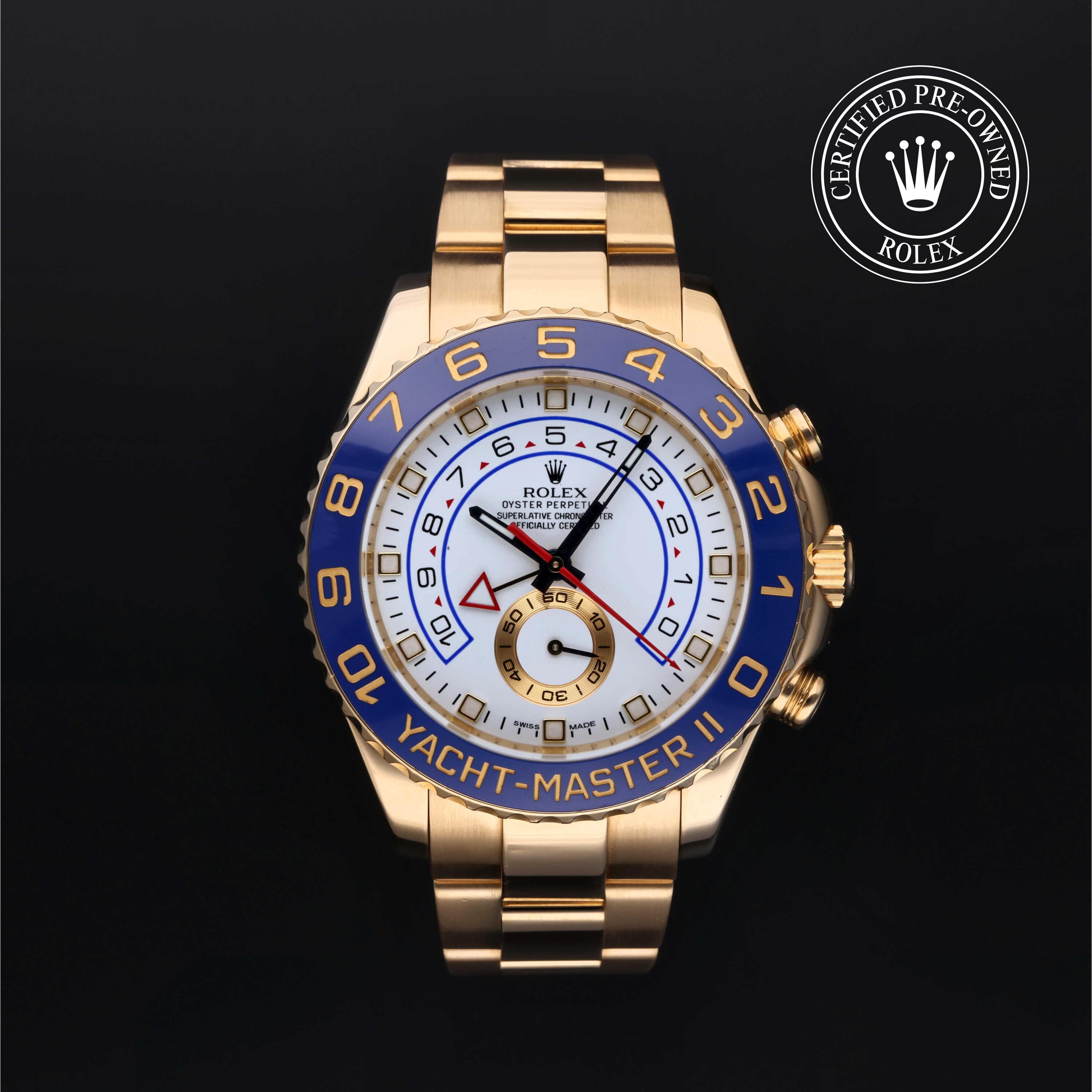 Rolex Certified Pre-Owned Yacht-Master II in Oyster, 44 mm, 18k yellow gold 116688 watch available at Long's Jewelers.