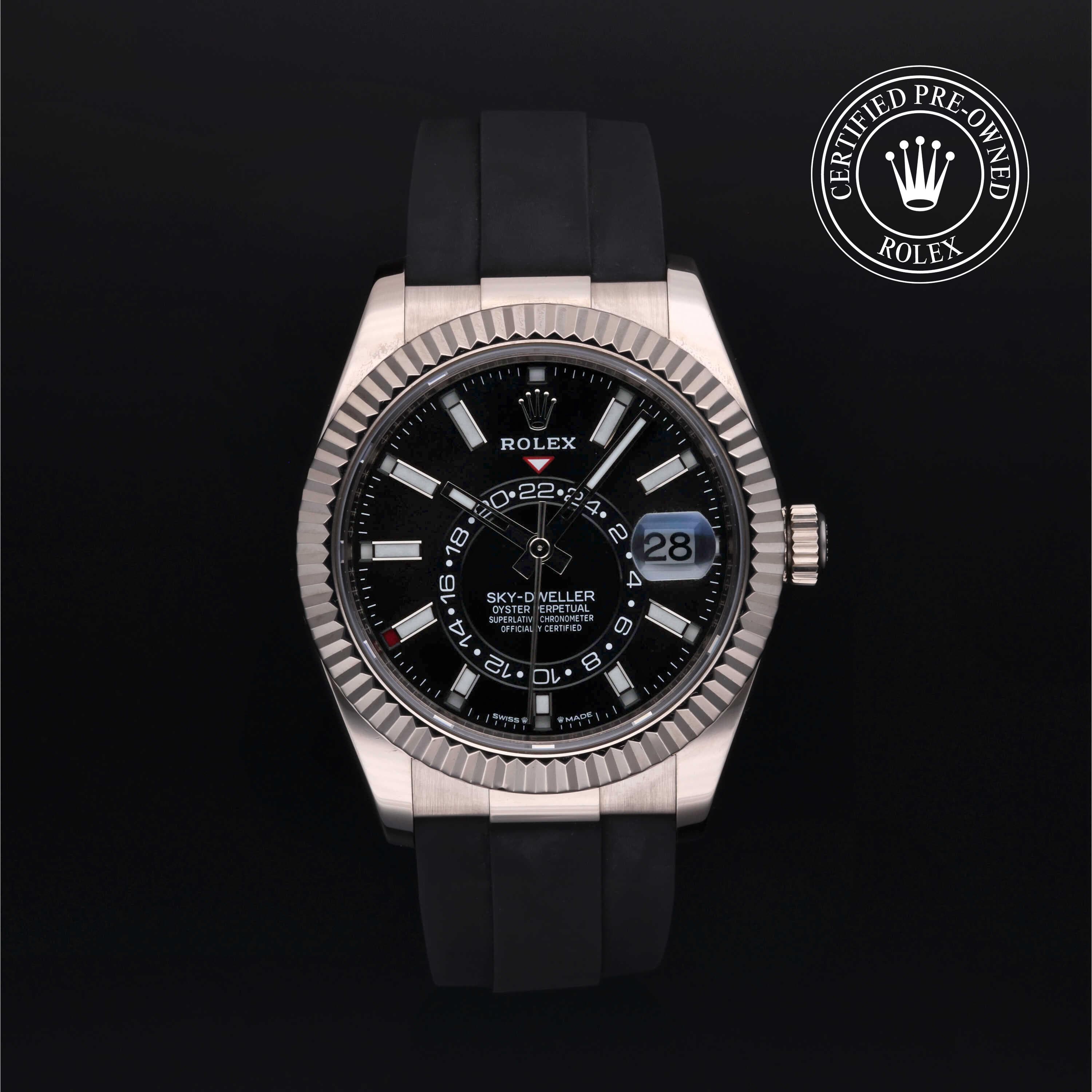 Rolex Certified Pre-Owned Sky-Dweller in Oysterflex, 42 mm, 18k white gold 336239 watch available at Long's Jewelers.
