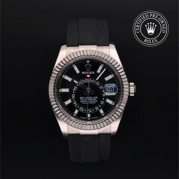 Rolex Certified Pre-Owned Sky-Dweller in Oysterflex, 42 mm, 18k white gold 336239 watch available at Long's Jewelers.