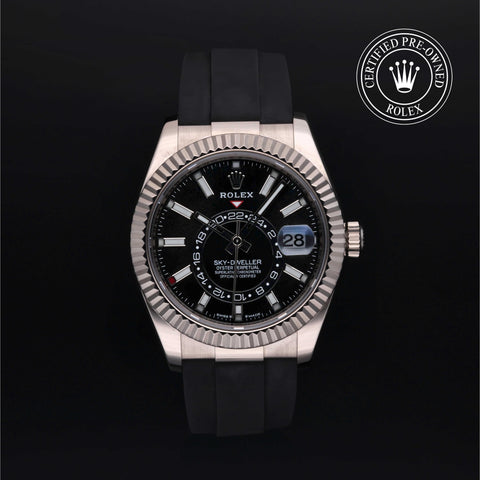 Rolex Certified Pre-Owned Sky-Dweller in Oysterflex, 42 mm, 18k white gold 336239 watch available at Long's Jewelers.