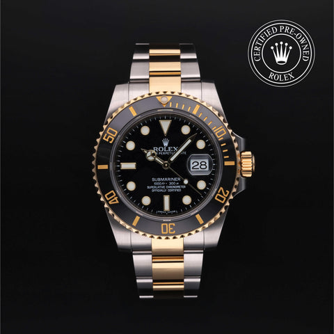 Rolex Certified Pre-Owned Submariner Date in Oyster, 40 mm, Stainless Steel and yellow gold 116613LN watch available at Long's Jewelers.