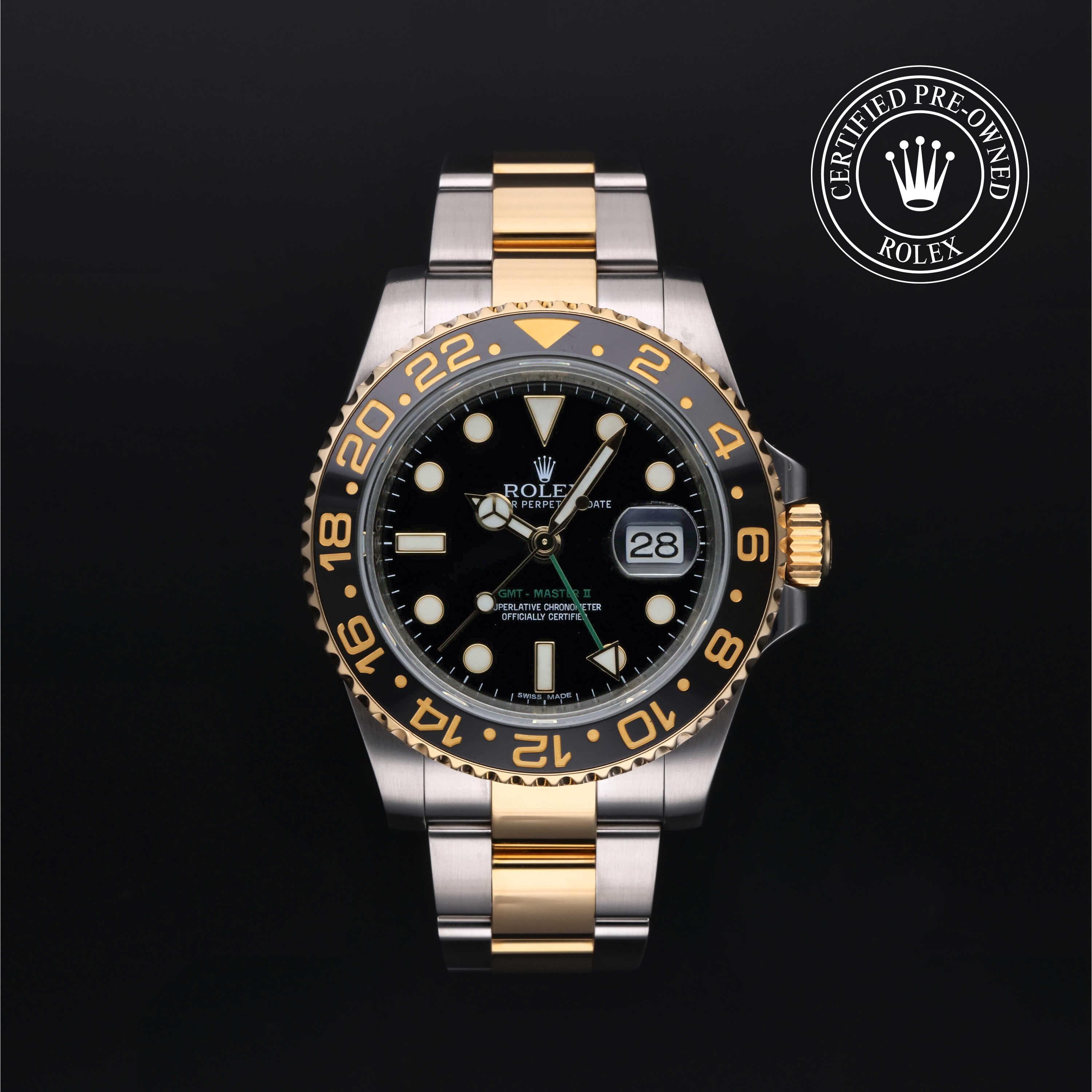Rolex Certified Pre-Owned GMT Master II in Oyster, 40 mm, Stainless Steel and yellow gold 116713LN watch available at Long's Jewelers.
