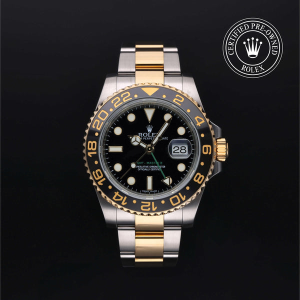 Rolex Certified Pre-Owned GMT Master II in Oyster, 40 mm, Stainless Steel and yellow gold 116713LN watch available at Long's Jewelers.