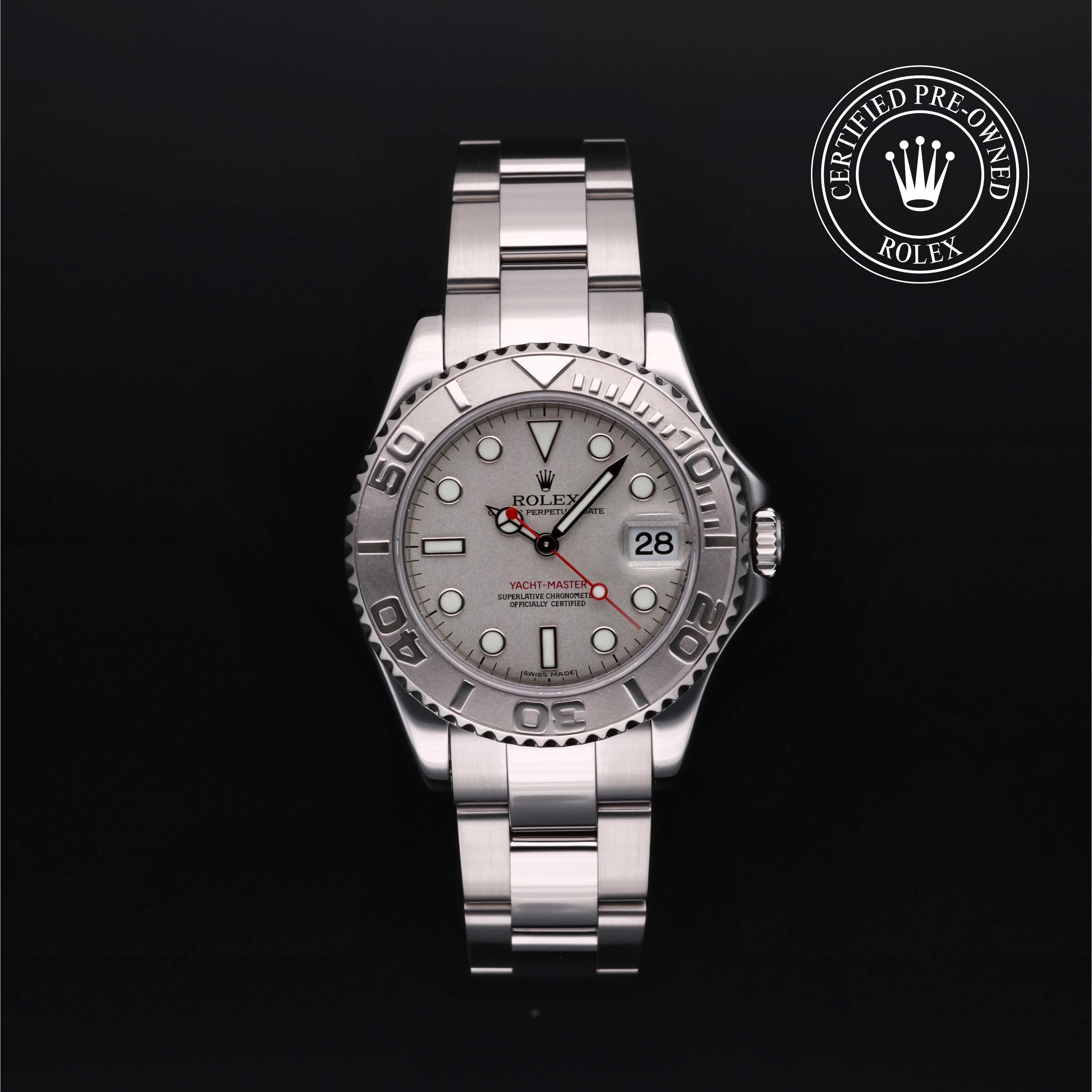 Rolex Certified Pre-Owned Yacht-Master in Oyster, 35 mm, Stainless Steel and platinum 168622 watch available at Long's Jewelers.
