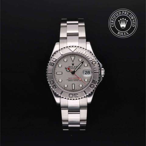 Rolex Certified Pre-Owned Yacht-Master in Oyster, 35 mm, Stainless Steel and platinum 168622 watch available at Long's Jewelers.
