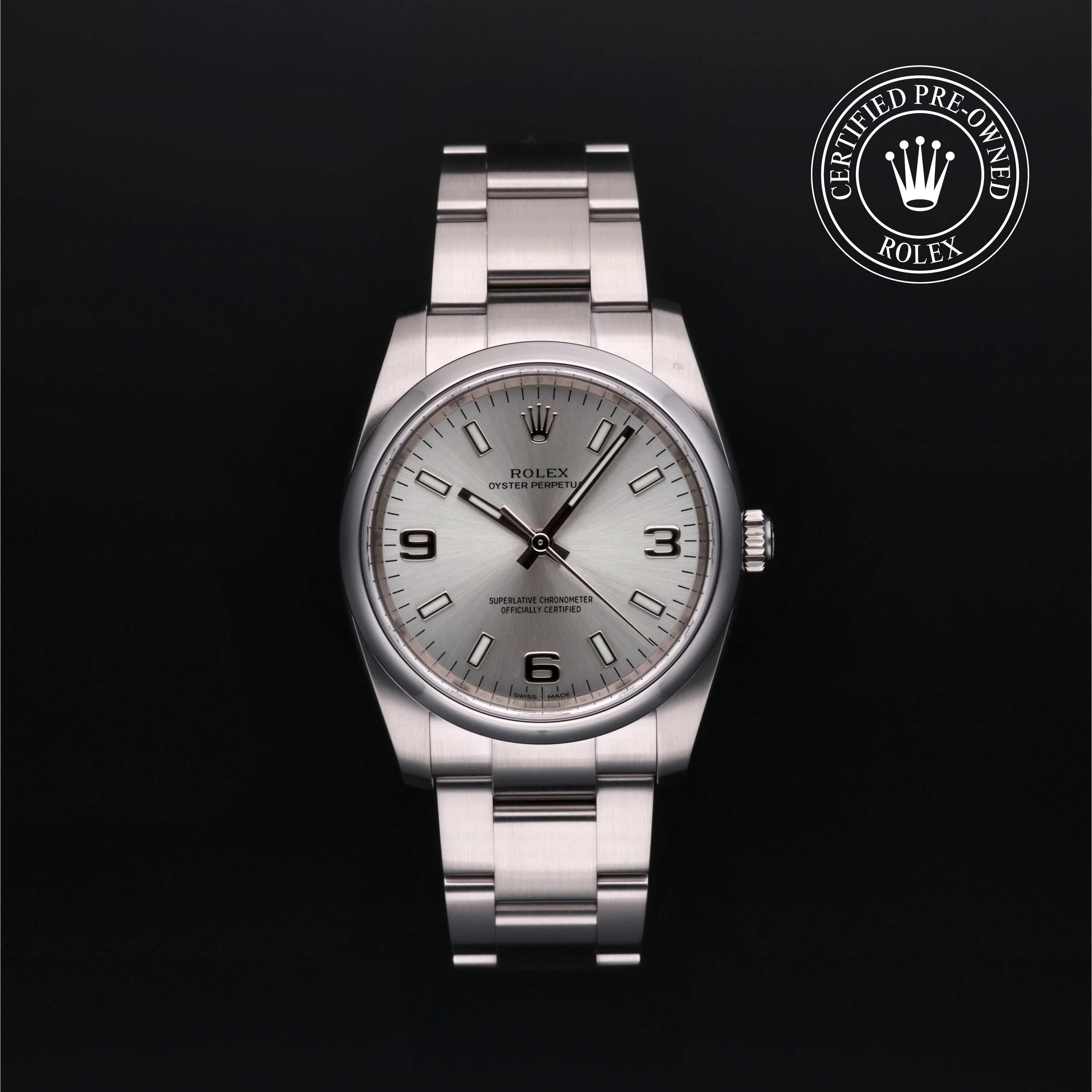 Rolex Certified Pre-Owned Oyster Perpetual in Oyster, 34 mm, Stainless Steel 114200 watch available at Long's Jewelers.