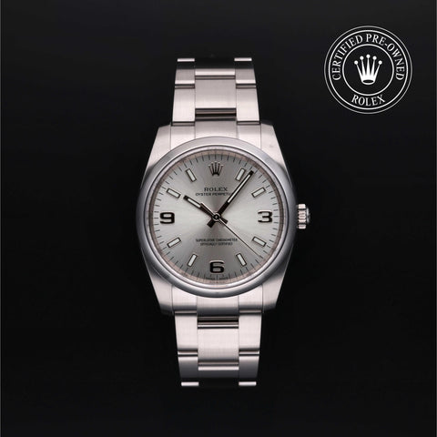 Rolex Certified Pre-Owned Oyster Perpetual in Oyster, 34 mm, Stainless Steel 114200 watch available at Long's Jewelers.