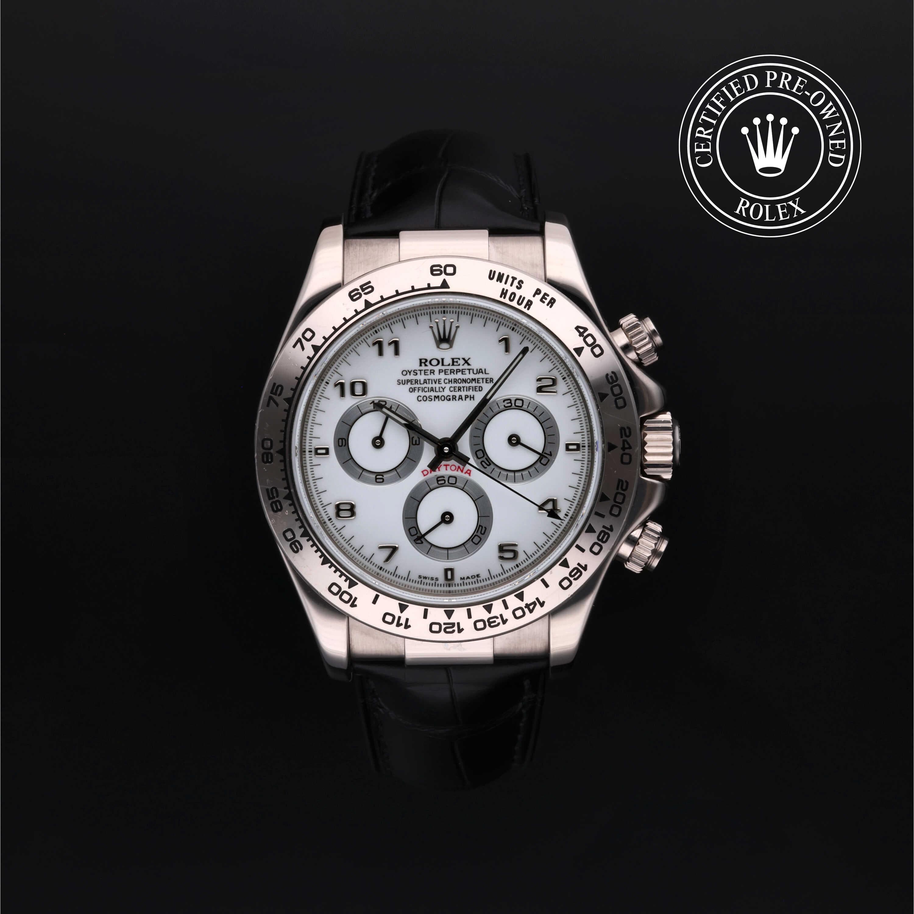 Rolex Certified Pre-Owned Cosmograph Daytona in Black alligator leather, 40 mm, 18k white gold 116519 watch available at Long's Jewelers.