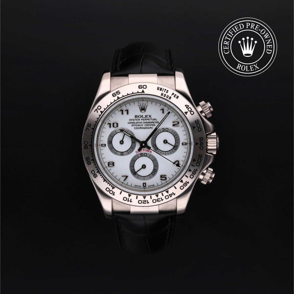 Rolex Certified Pre-Owned Cosmograph Daytona in Black alligator leather, 40 mm, 18k white gold 116519 watch available at Long's Jewelers.