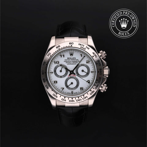 Rolex Certified Pre-Owned Cosmograph Daytona in Black alligator leather, 40 mm, 18k white gold 116519 watch available at Long's Jewelers.