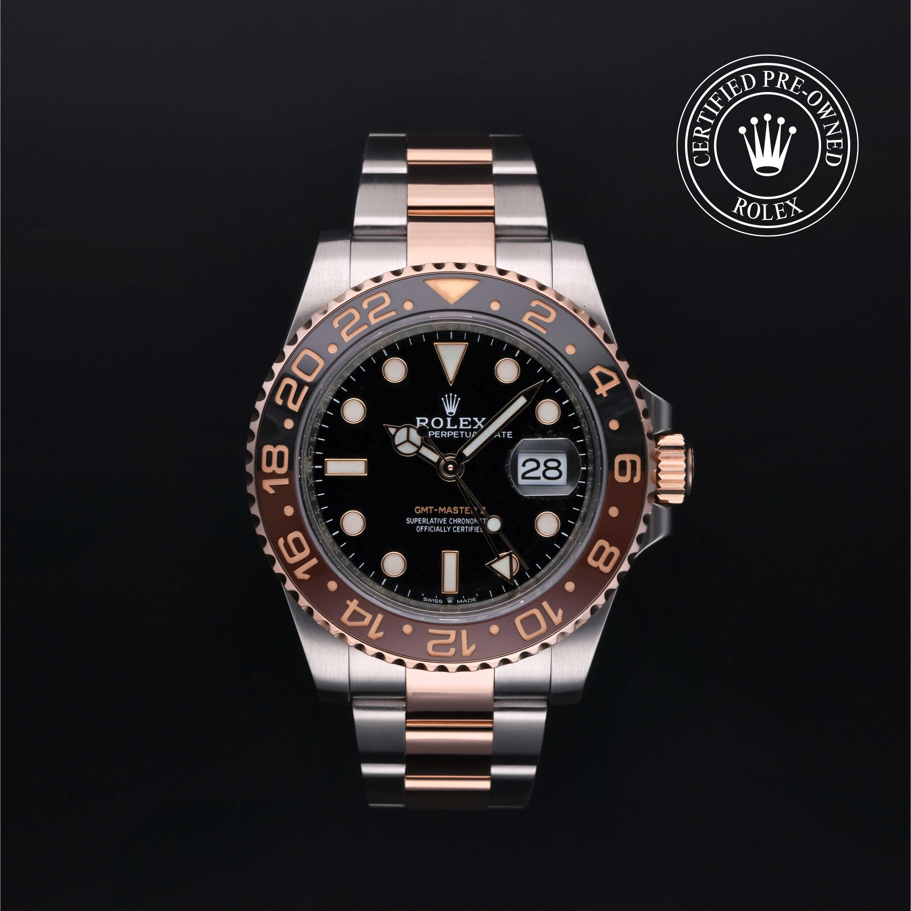 Rolex Certified Pre-Owned GMT Master II in Oyster, 40 mm, Stainless Steel and rose gold 126711CHNR watch available at Long's Jewelers.