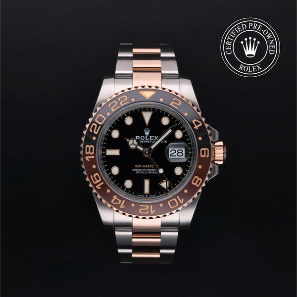 Rolex Certified Pre-Owned GMT Master II in Oyster, 40 mm, Stainless Steel and rose gold 126711CHNR watch available at Long's Jewelers.