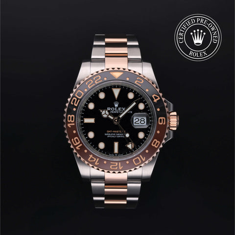 Rolex Certified Pre-Owned GMT Master II in Oyster, 40 mm, Stainless Steel and rose gold 126711CHNR watch available at Long's Jewelers.