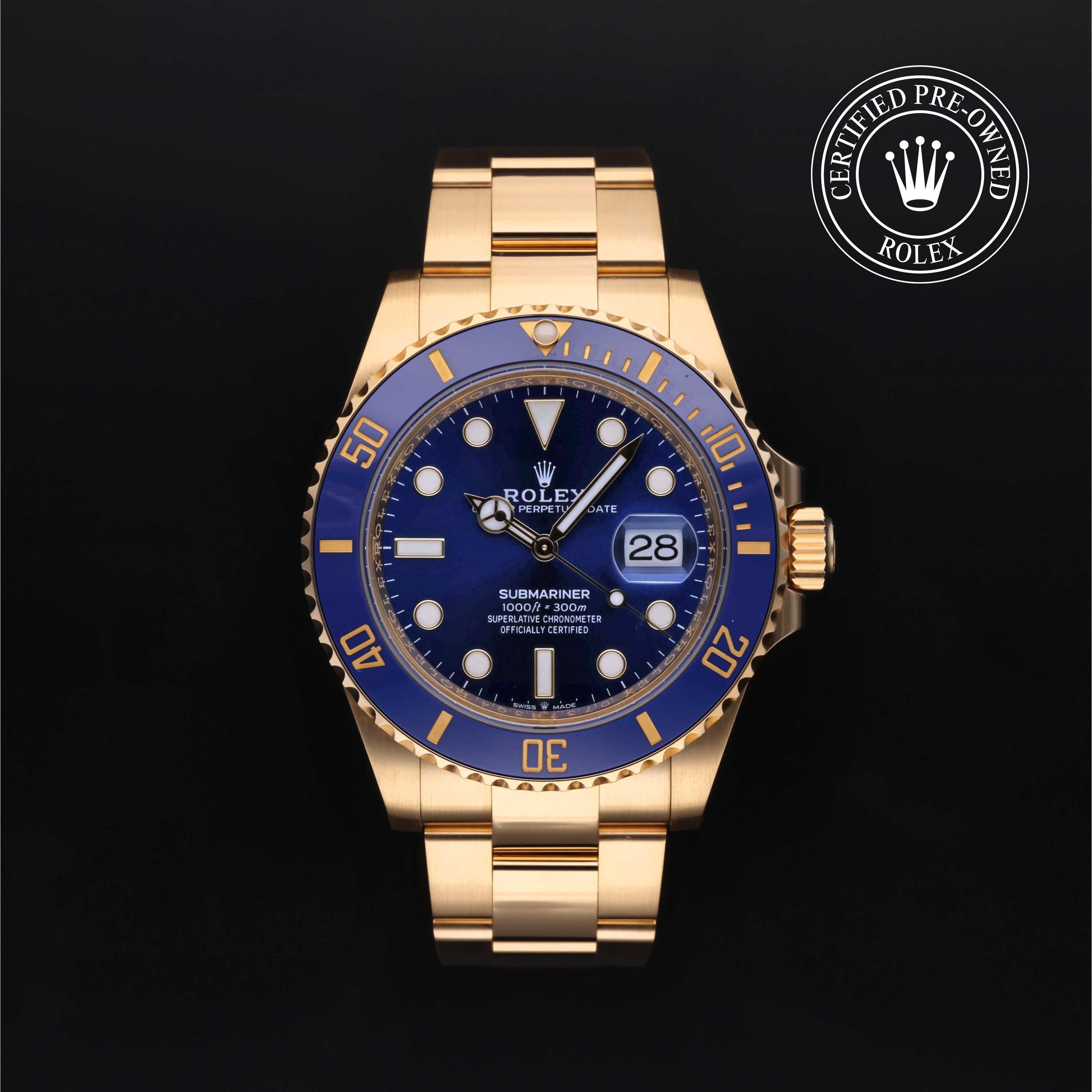 Rolex Certified Pre-Owned Submariner Date in Oyster, 41 mm, 18k yellow gold 126618LB watch available at Long's Jewelers.