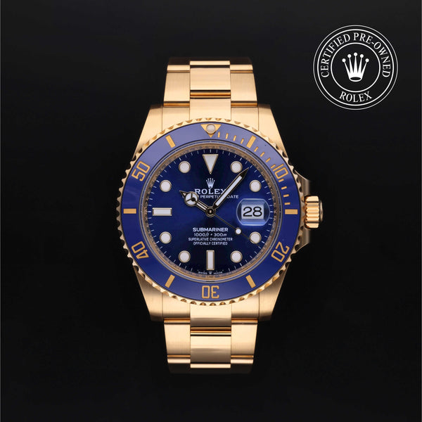 Rolex Certified Pre-Owned Submariner Date in Oyster, 41 mm, 18k yellow gold 126618LB watch available at Long's Jewelers.