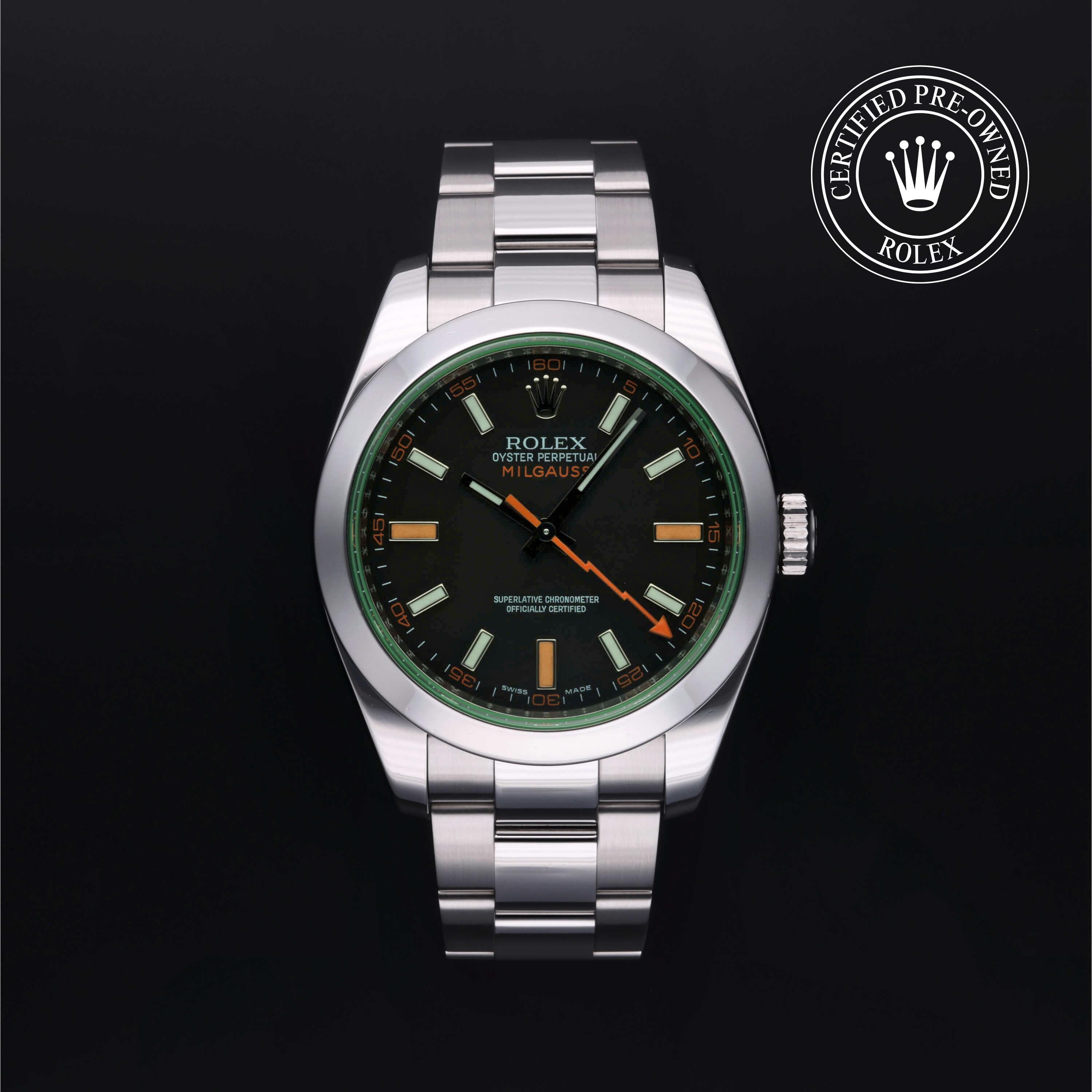 Rolex Certified Pre-Owned Milgauss in Oyster, 40 mm, Stainless Steel 116400GV watch available at Long's Jewelers.