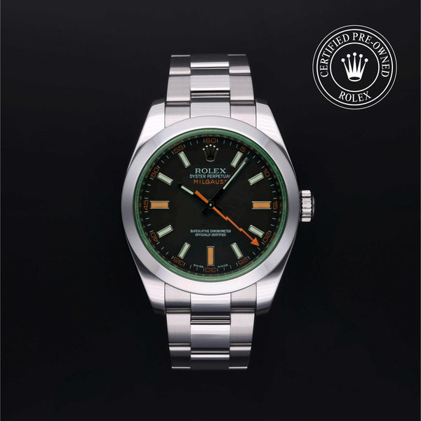 Rolex Certified Pre-Owned Milgauss in Oyster, 40 mm, Stainless Steel 116400GV watch available at Long's Jewelers.
