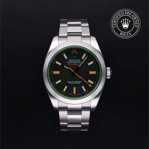 Rolex Certified Pre-Owned Milgauss in Oyster, 40 mm, Stainless Steel 116400GV watch available at Long's Jewelers.