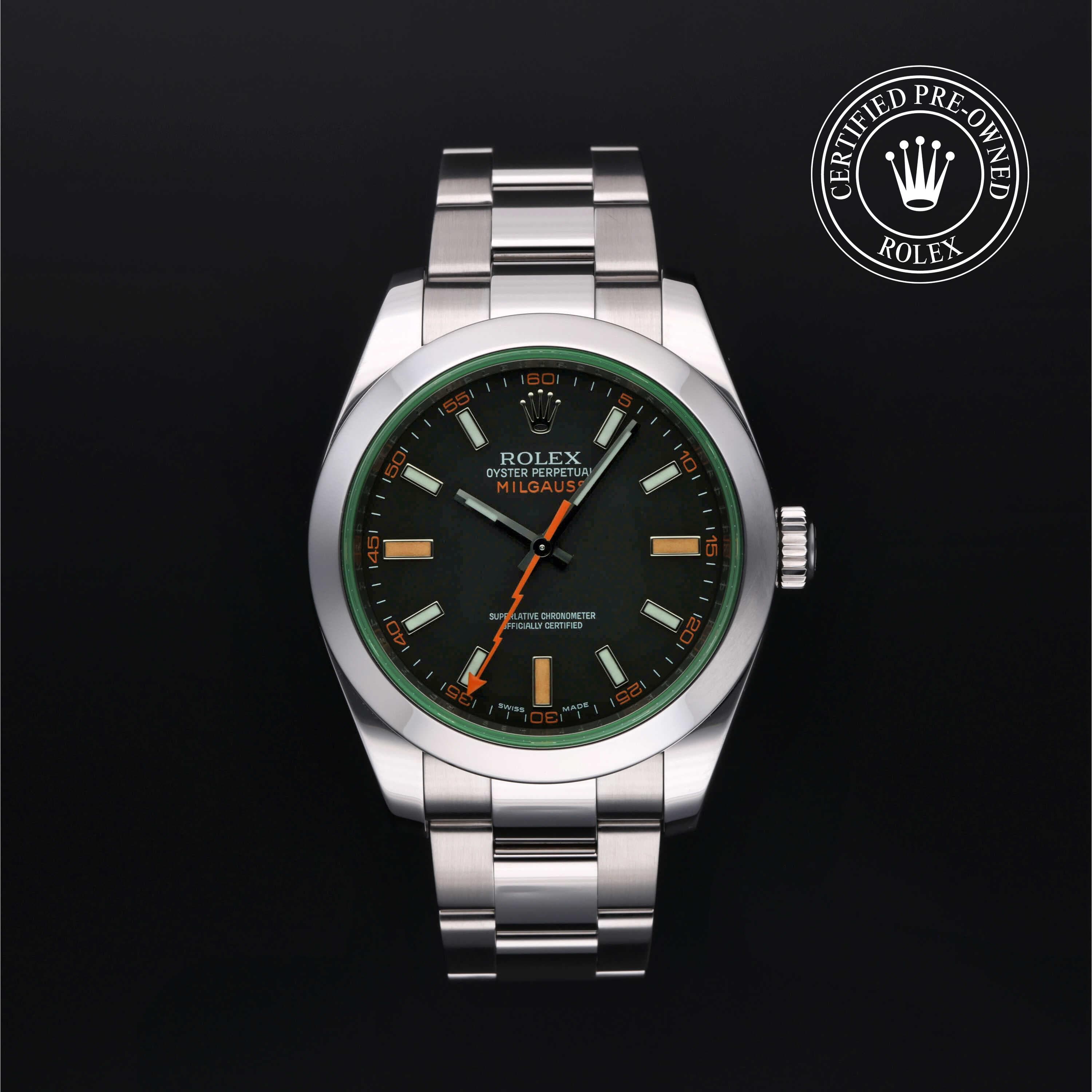 Rolex Certified Pre-Owned Milgauss in Oyster, 40 mm, Stainless Steel 116400GV watch available at Long's Jewelers.