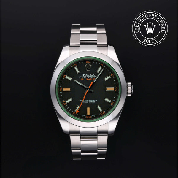 Rolex Certified Pre-Owned Milgauss in Oyster, 40 mm, Stainless Steel 116400GV watch available at Long's Jewelers.