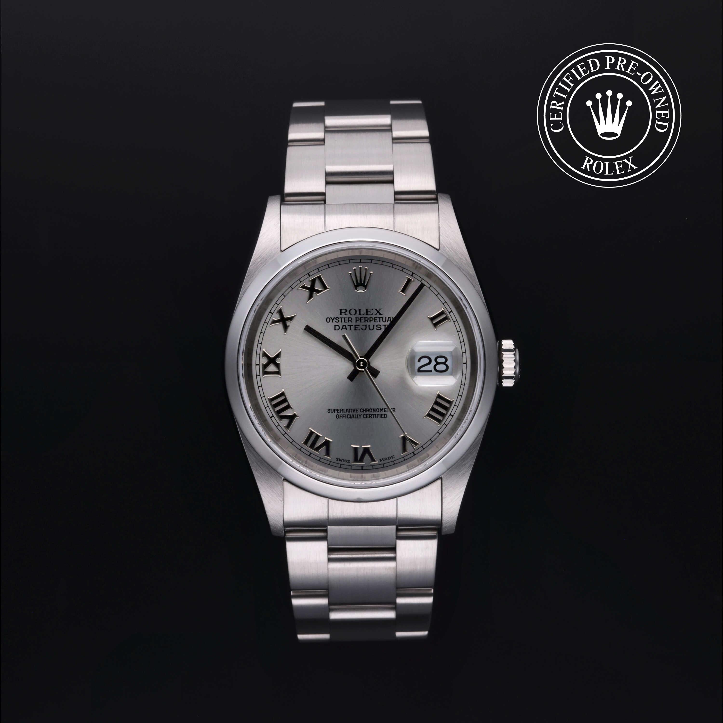 Rolex Certified Pre-Owned Datejust in Oyster, 36 mm, Stainless Steel 16200 watch available at Long's Jewelers.
