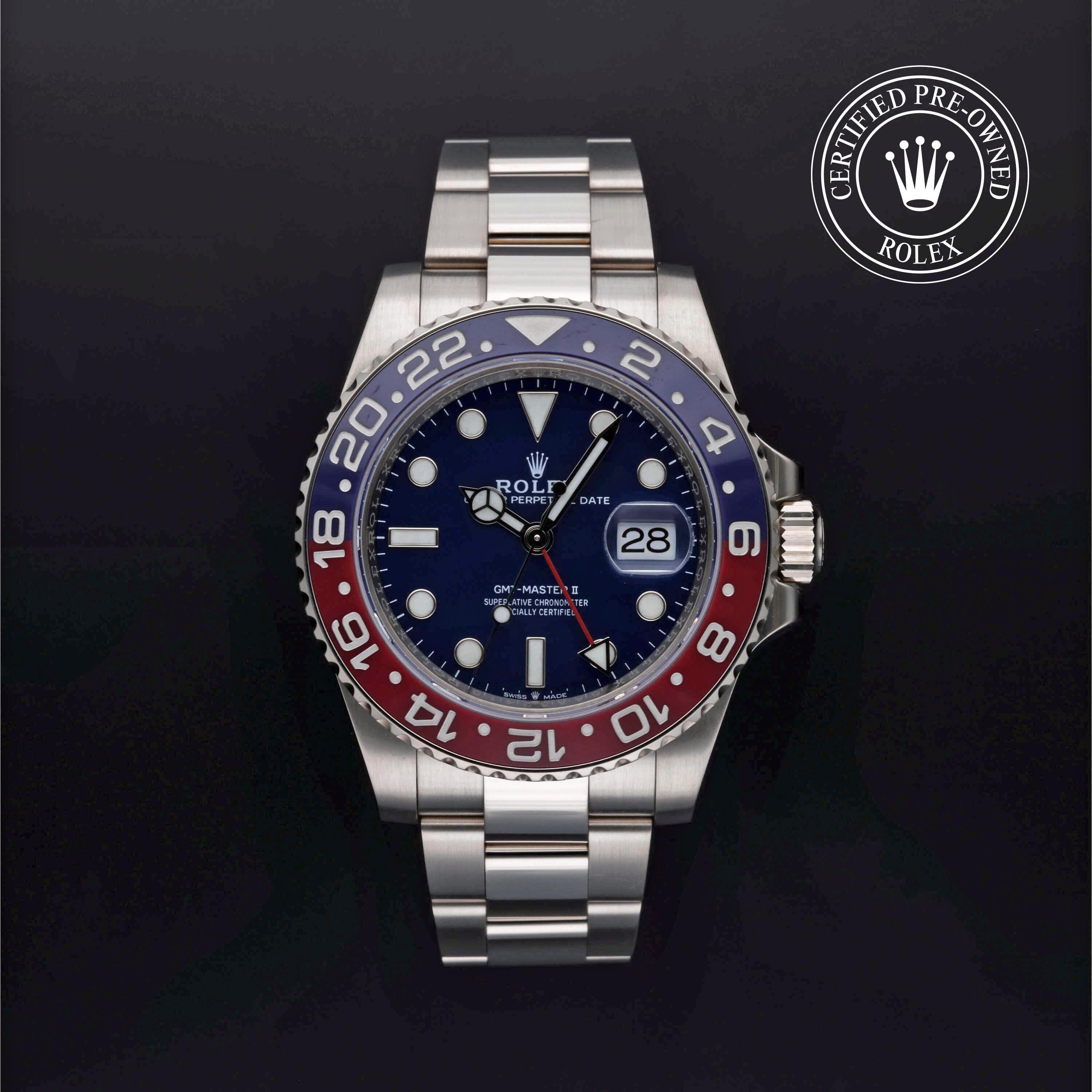 Rolex Certified Pre-Owned GMT-Master II in Oyster, 40 mm, 18k white gold 126719BLRO watch available at Long's Jewelers.