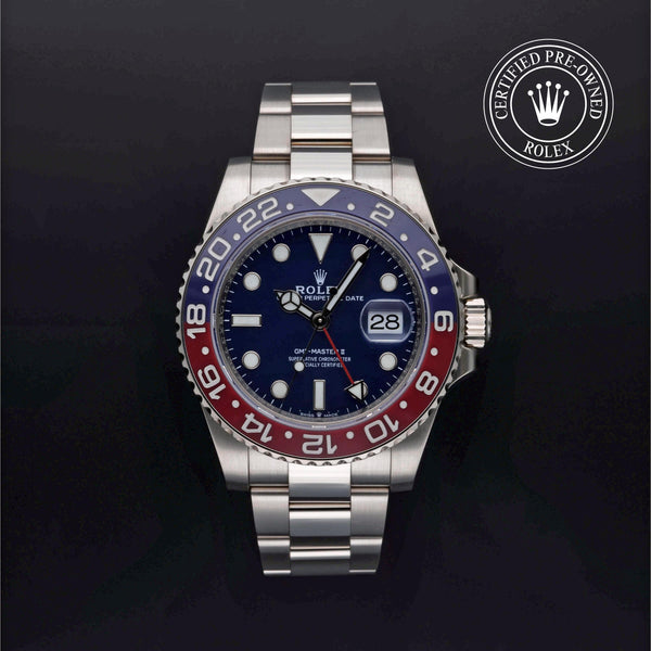 Rolex Certified Pre-Owned GMT-Master II in Oyster, 40 mm, 18k white gold 126719BLRO watch available at Long's Jewelers.