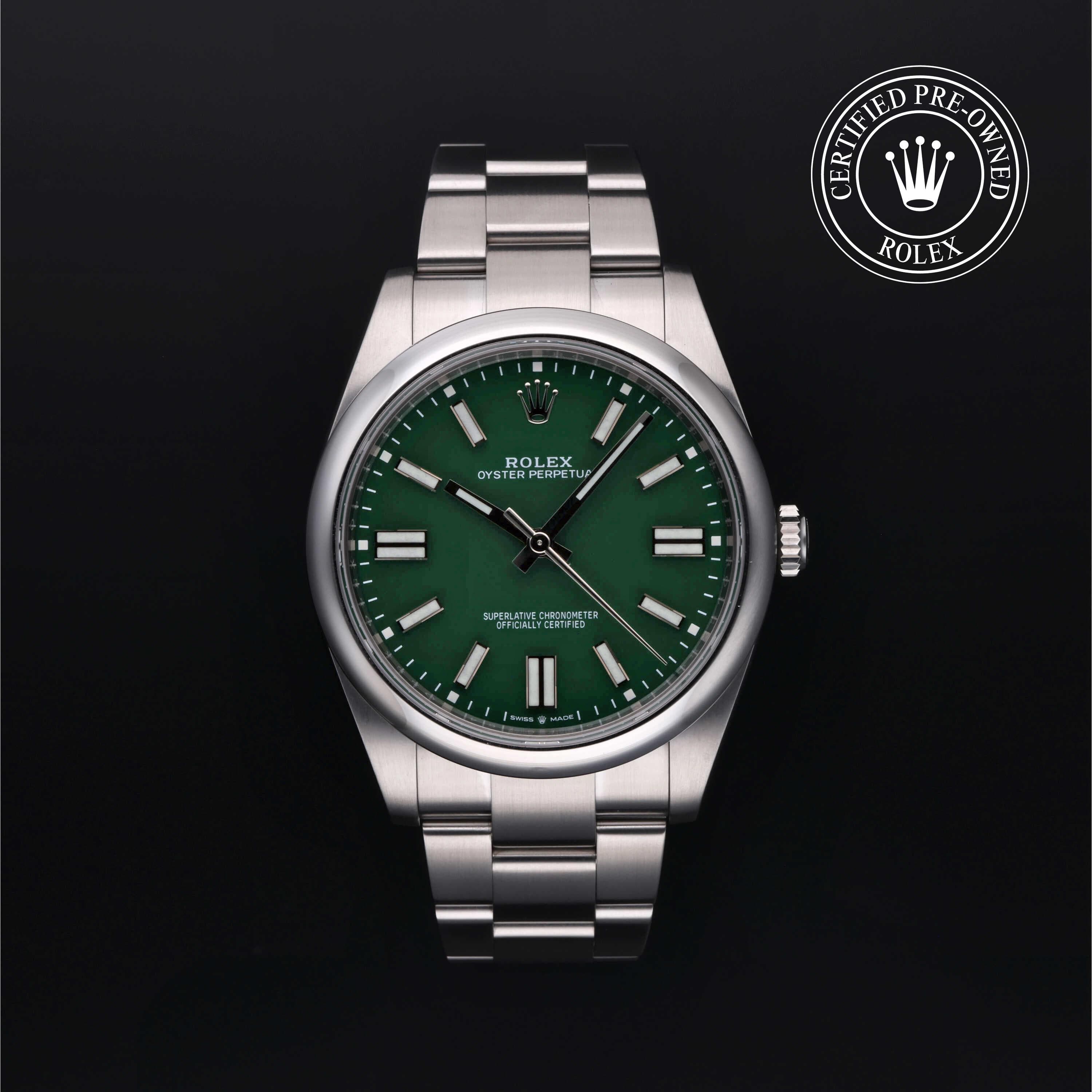 Rolex Certified Pre-Owned Oyster Perpetual in Oyster, 41 mm, Stainless Steel 124300 watch available at Long's Jewelers.