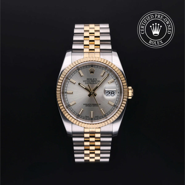 Rolex Certified Pre-Owned Datejust in Jubilee, 36 mm, Stainless Steel and yellow gold 116233 watch available at Long's Jewelers.