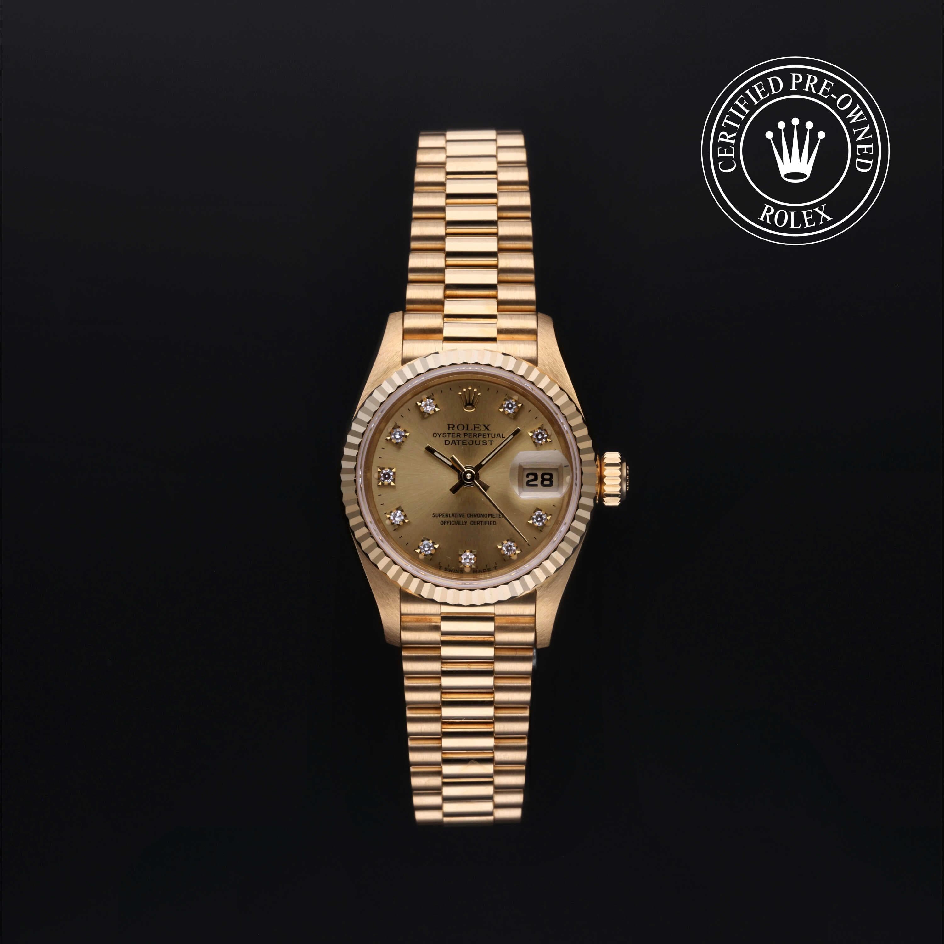 Rolex Certified Pre-Owned Lady-Datejust in 26 mm, 18k yellow gold 69178 watch available at Long's Jewelers.
