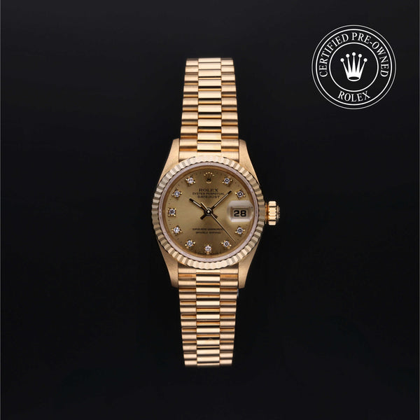 Rolex Certified Pre-Owned Lady-Datejust in 26 mm, 18k yellow gold 69178 watch available at Long's Jewelers.