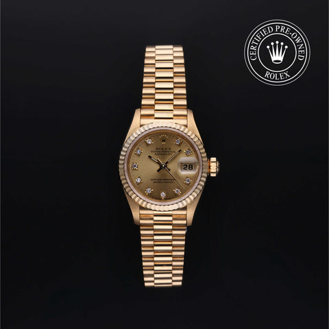 Rolex Certified Pre-Owned Lady-Datejust in 26 mm, 18k yellow gold 69178 watch available at Long's Jewelers.