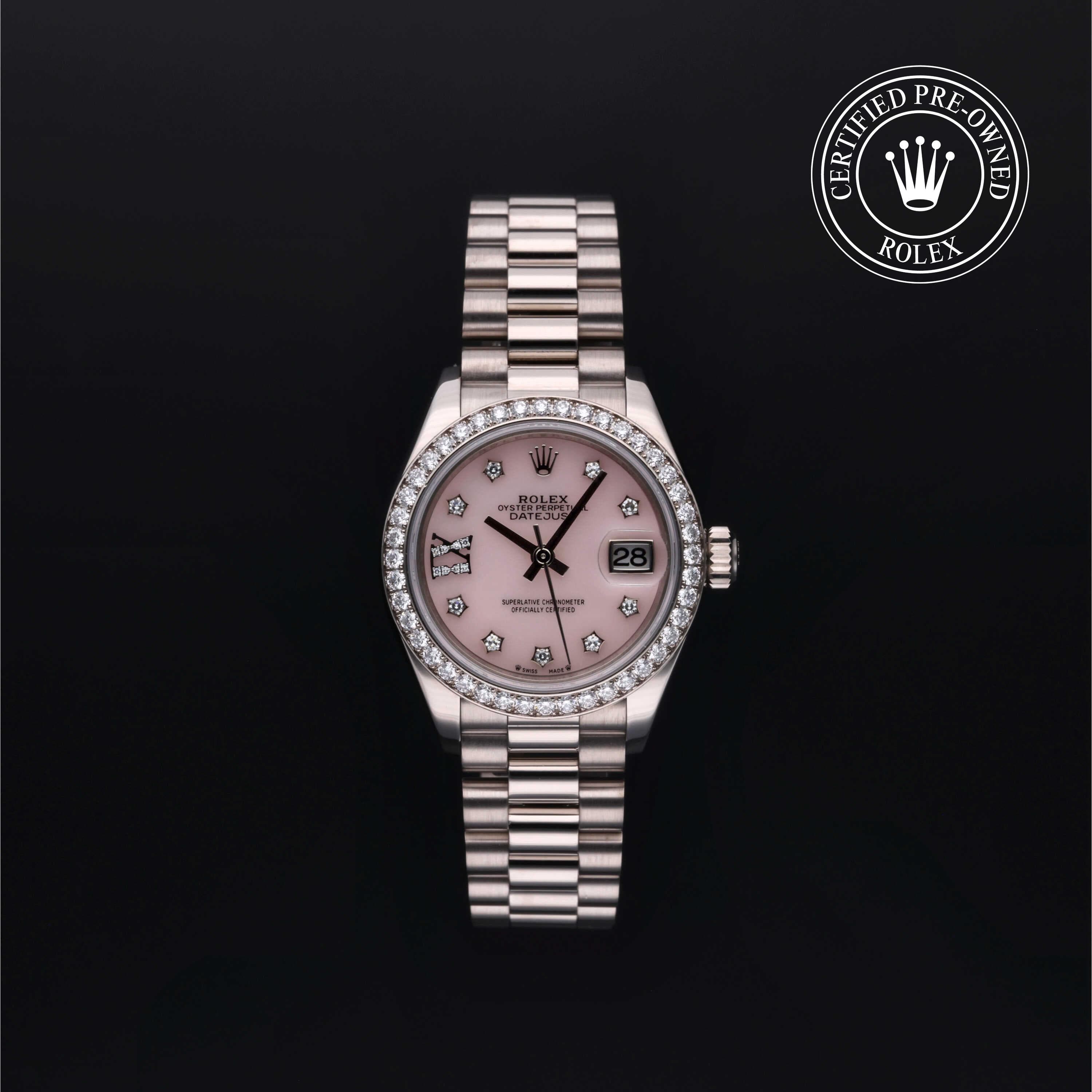 Rolex Certified Pre-Owned Lady-Datejust in 28 mm, 18k white gold 279139RBR watch available at Long's Jewelers.
