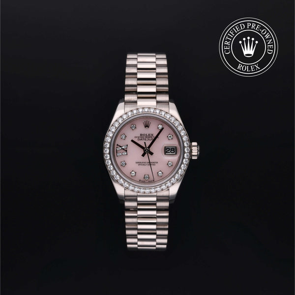 Rolex Certified Pre-Owned Lady-Datejust in 28 mm, 18k white gold 279139RBR watch available at Long's Jewelers.