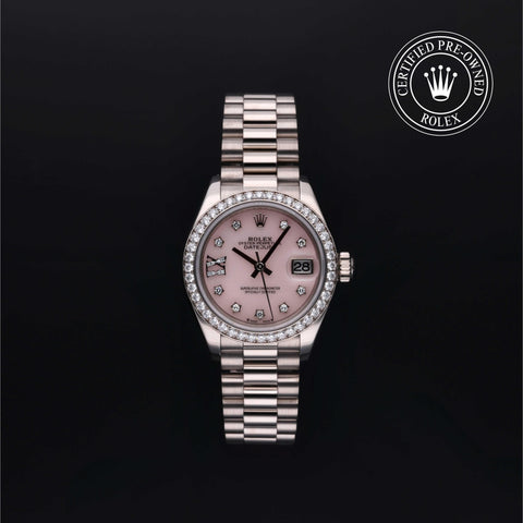 Rolex Certified Pre-Owned Lady-Datejust in 28 mm, 18k white gold 279139RBR watch available at Long's Jewelers.