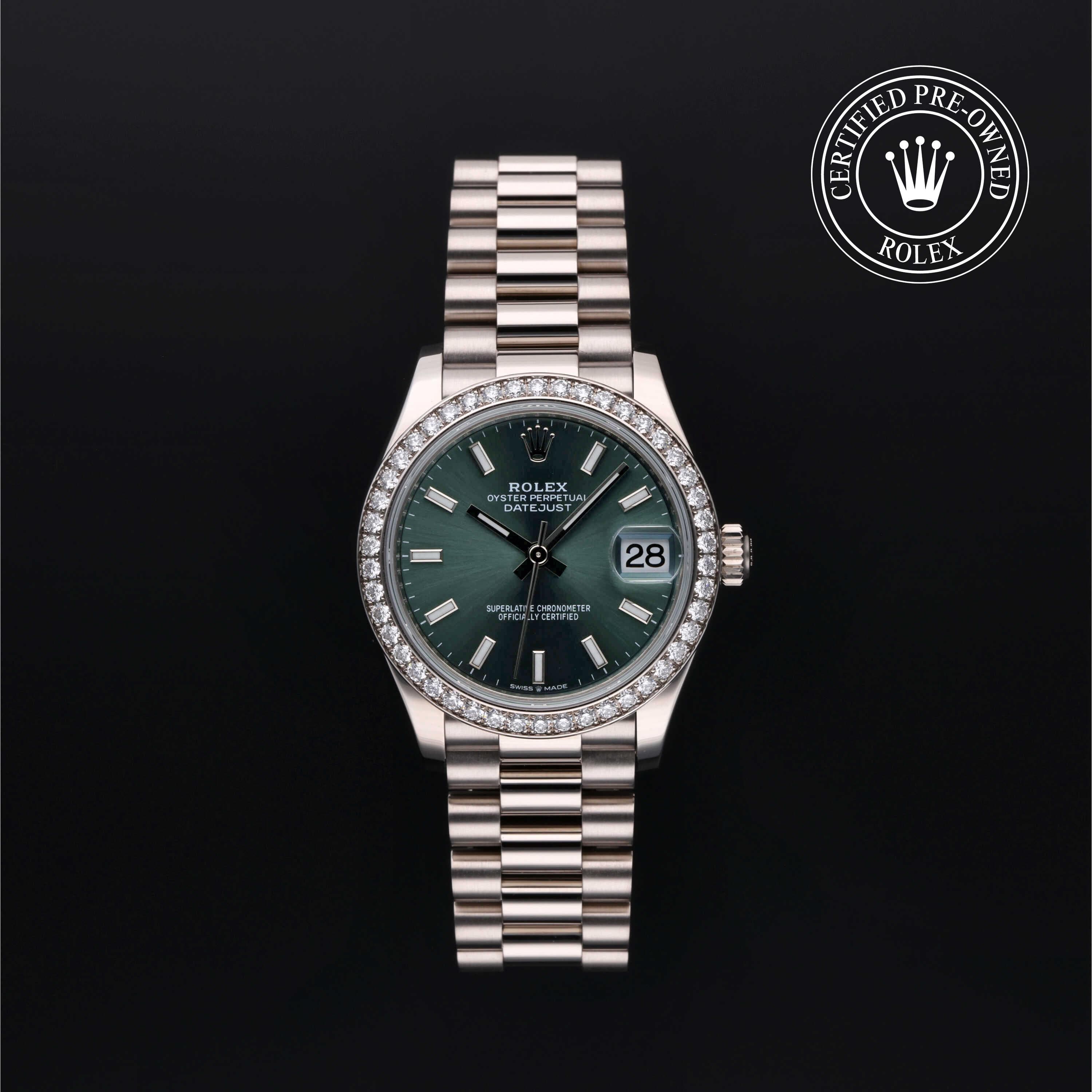 Rolex Certified Pre-Owned Datejust in President, 31 mm, 18k white gold 278289RBR watch available at Long's Jewelers.