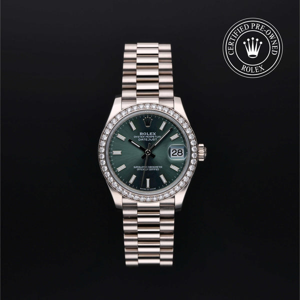 Rolex Certified Pre-Owned Datejust in President, 31 mm, 18k white gold 278289RBR watch available at Long's Jewelers.