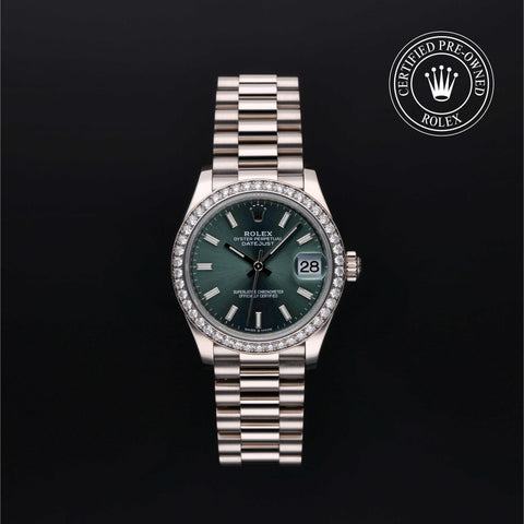 Rolex Certified Pre-Owned Datejust in President, 31 mm, 18k white gold 278289RBR watch available at Long's Jewelers.