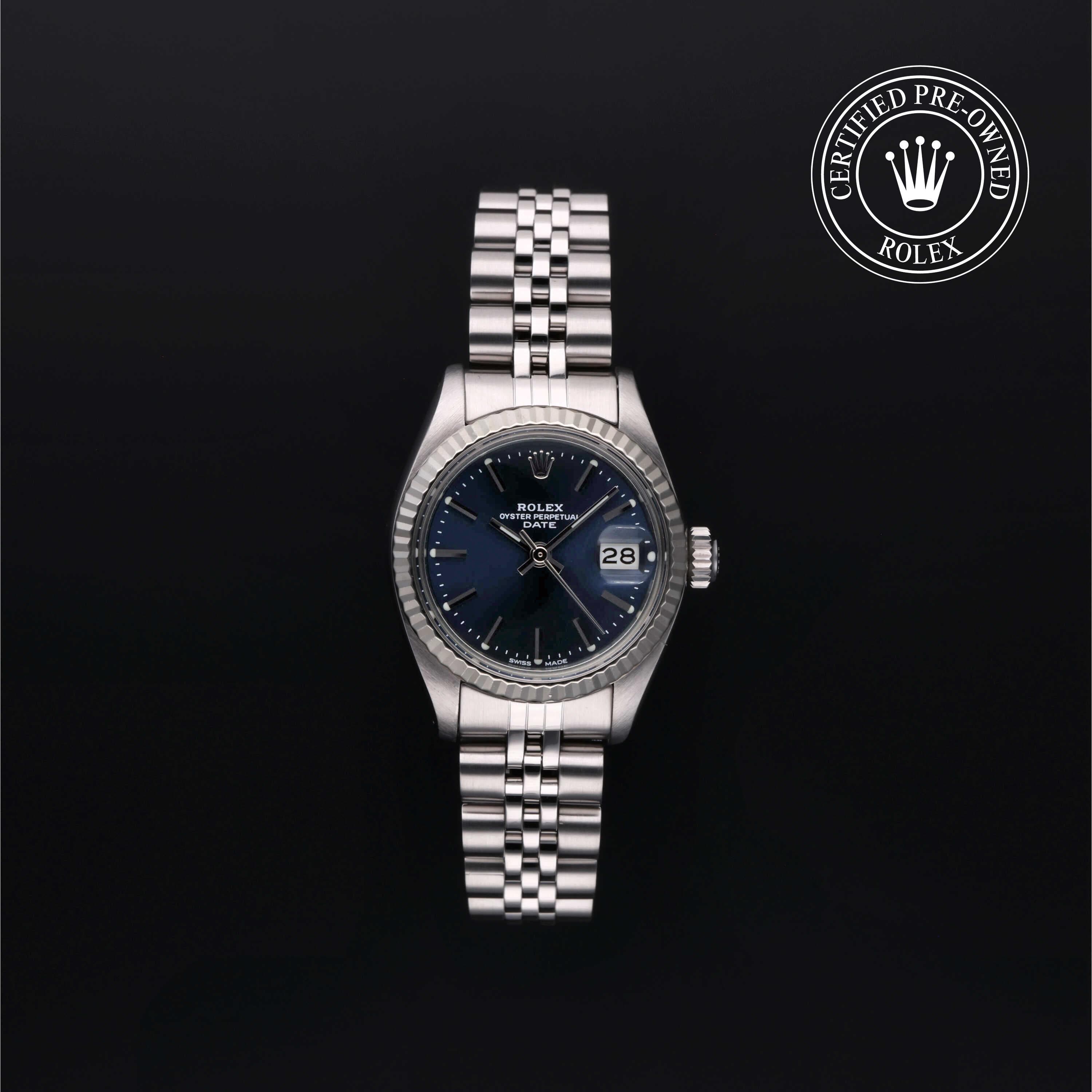 Rolex Certified Pre-Owned Oyster Perpetual Date in Jubilee, 26 mm, Stainless Steel and 18k white gold 6917/4 watch available at Long's Jewelers.