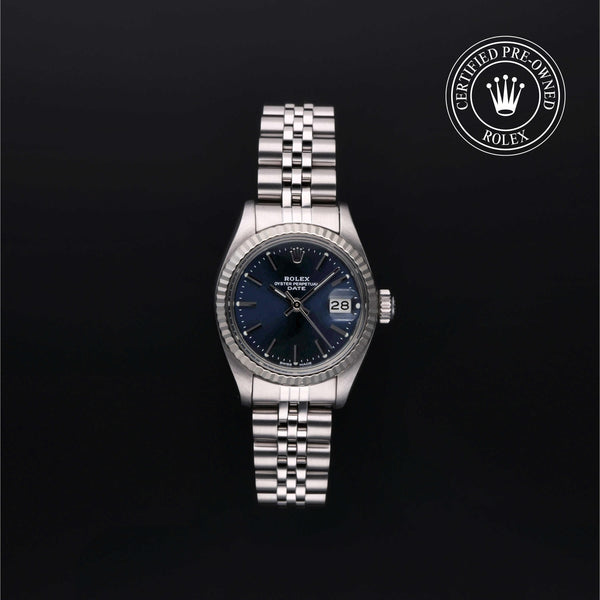 Rolex Certified Pre-Owned Oyster Perpetual Date in Jubilee, 26 mm, Stainless Steel and 18k white gold 6917/4 watch available at Long's Jewelers.