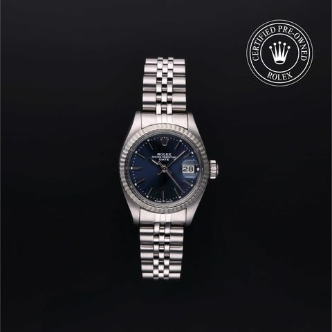 Rolex Certified Pre-Owned Oyster Perpetual Date in Jubilee, 26 mm, Stainless Steel and 18k white gold 6917/4 watch available at Long's Jewelers.