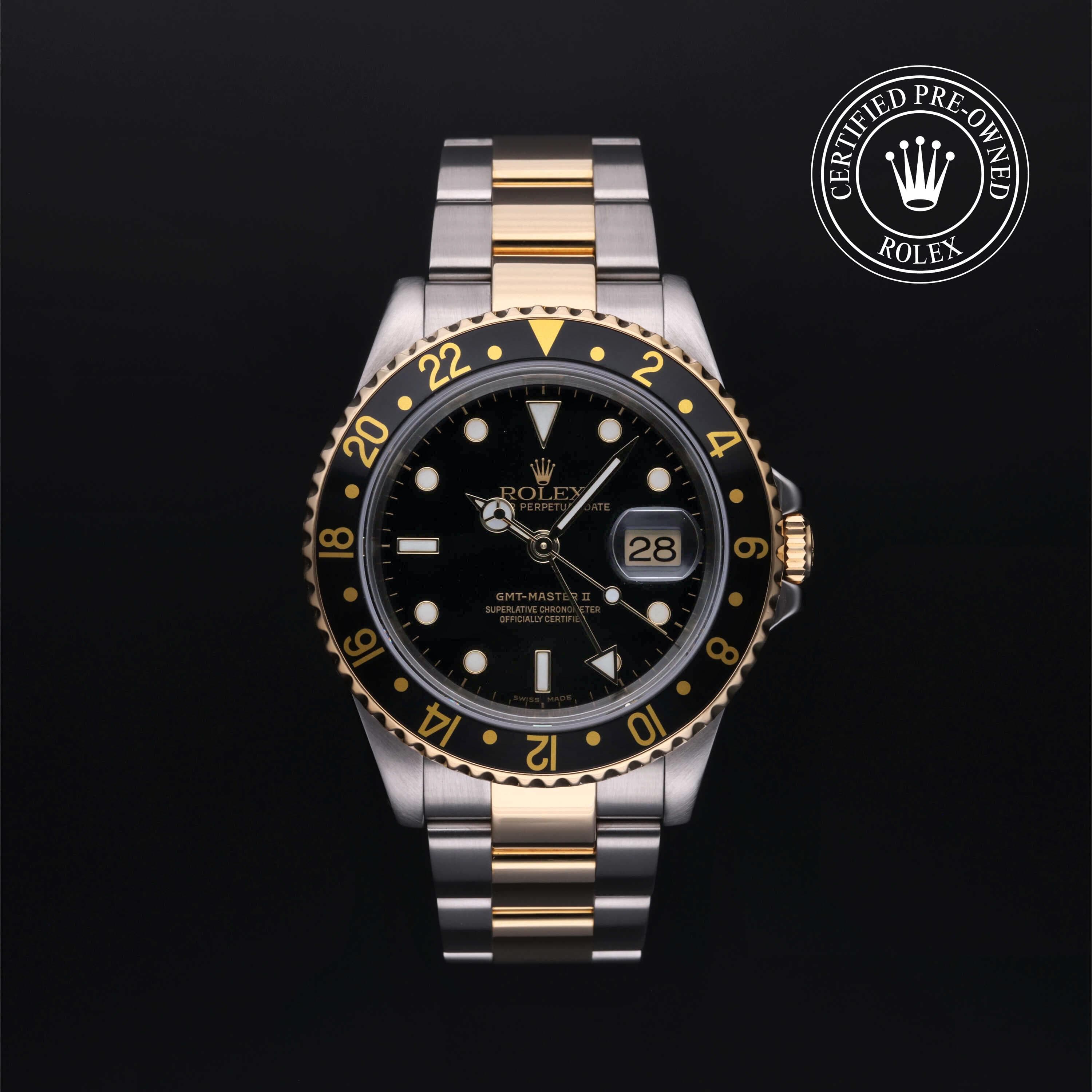 Rolex Certified Pre-Owned GMT Master II in Oyster, 40 mm, Stainless Steel and yellow gold 16713LN watch available at Long's Jewelers.