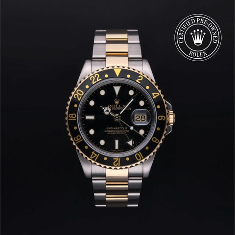 Rolex Certified Pre-Owned GMT Master II in Oyster, 40 mm, Stainless Steel and yellow gold 16713LN watch available at Long's Jewelers.