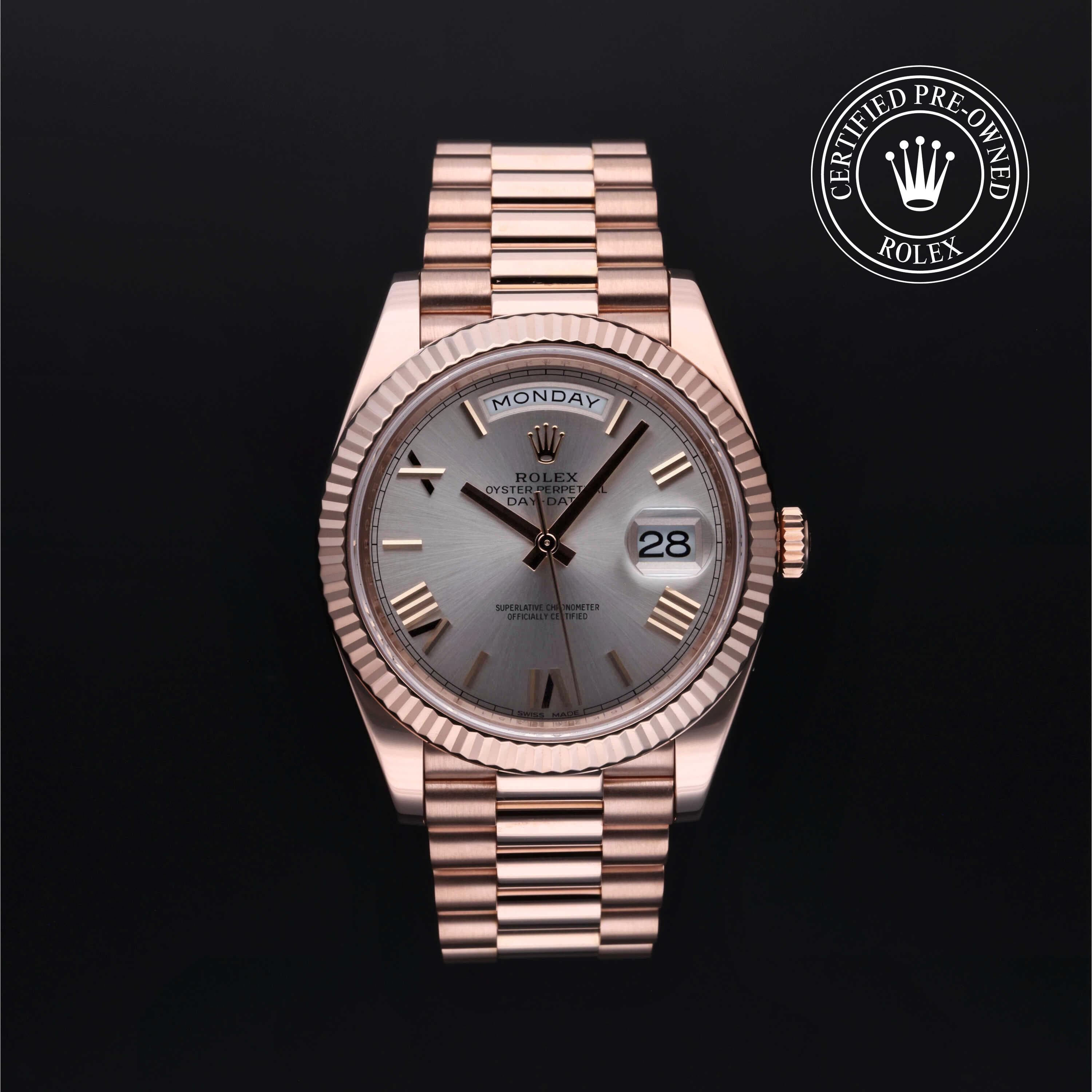 Rolex Certified Pre-Owned Day-Date in President, 40 mm, 18k rose gold 228235 watch available at Long's Jewelers.